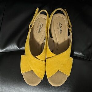 Clarks Collection Women's Mustard Suede Wedge Sandals